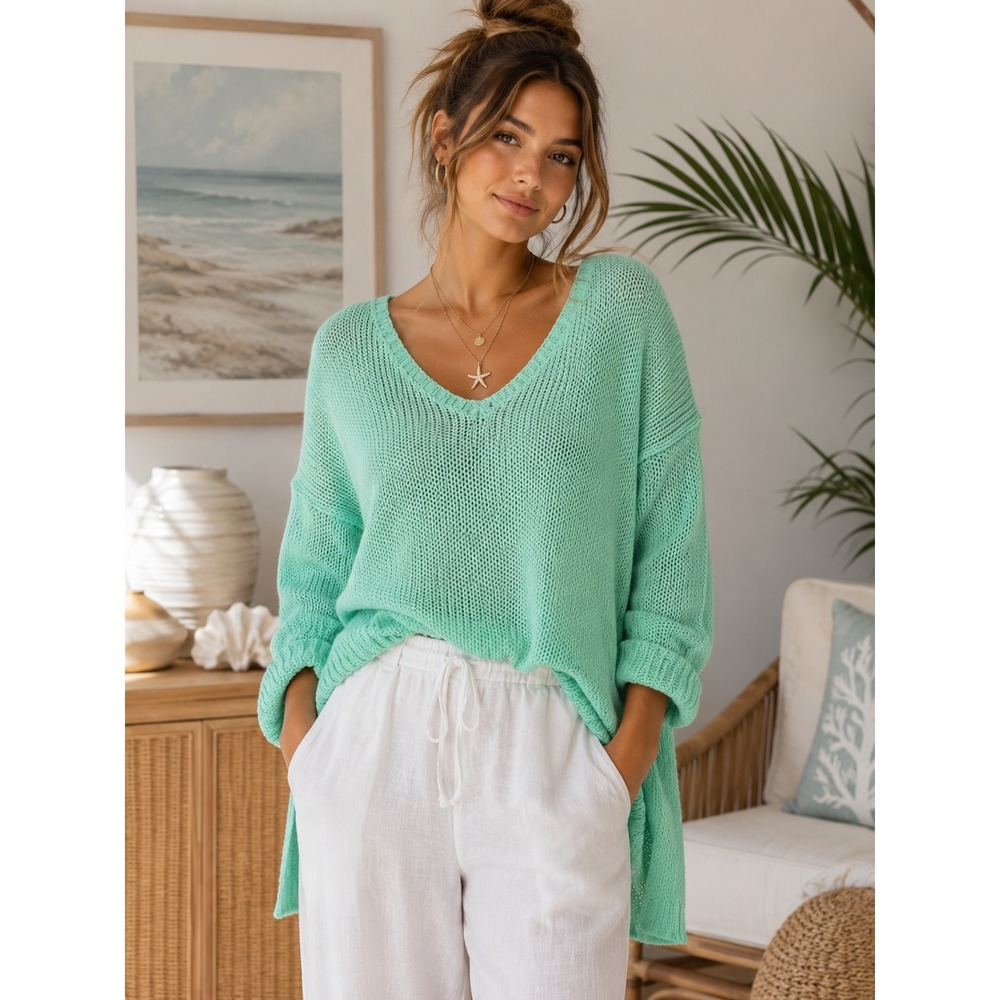 Banana Republic Mint Green V-Neck Knit Sweater 3/4 Sleeve High-Low Hem Size M